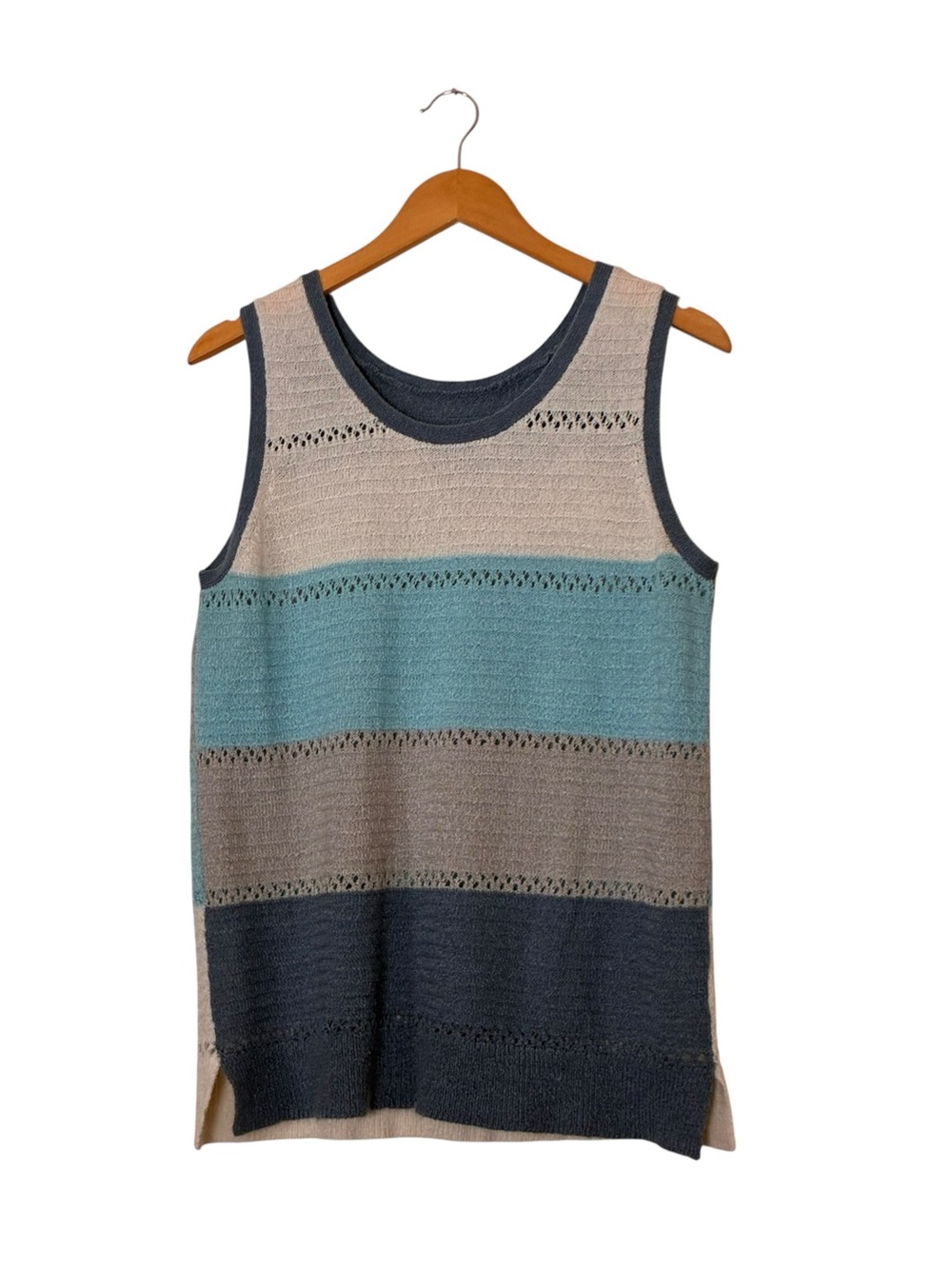 Blue and cream color block scoop neckline knit sweater tank top size XL